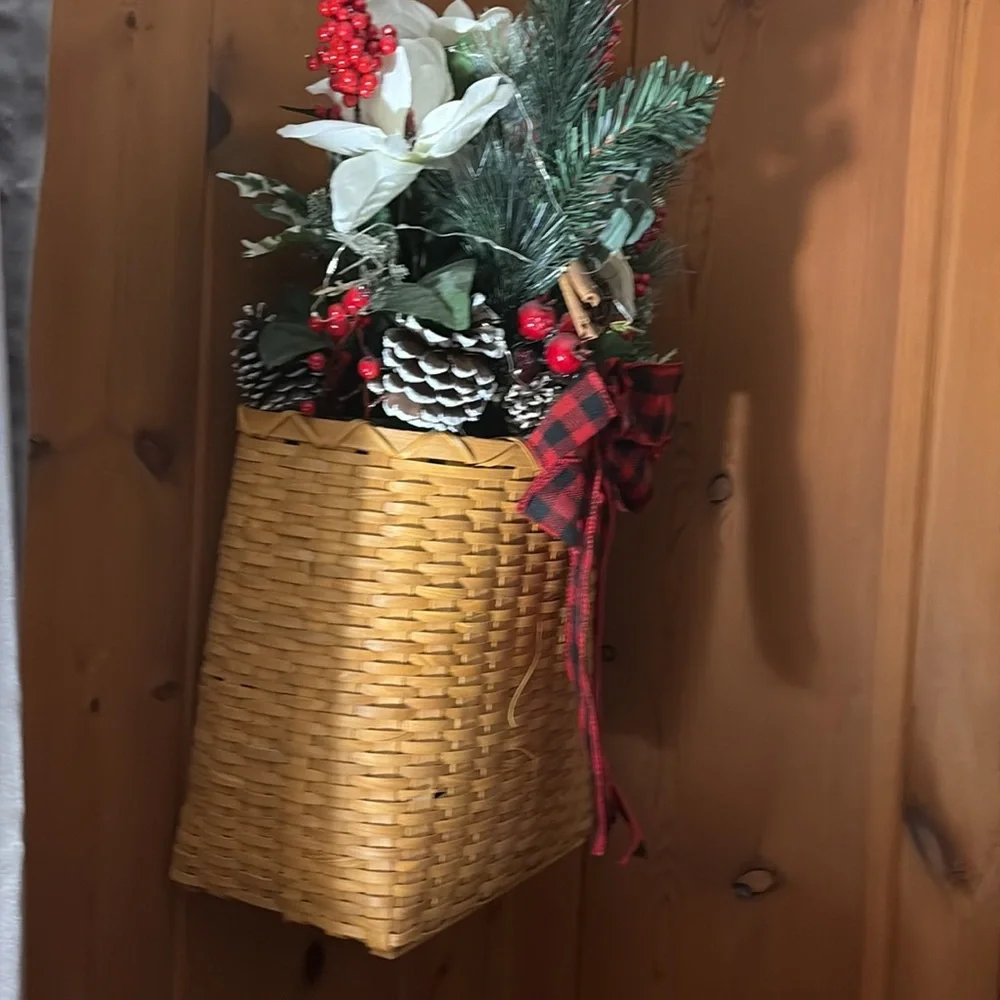 Holiday Pine & Berry Wall Basket Arrangement - Red, White, Green
